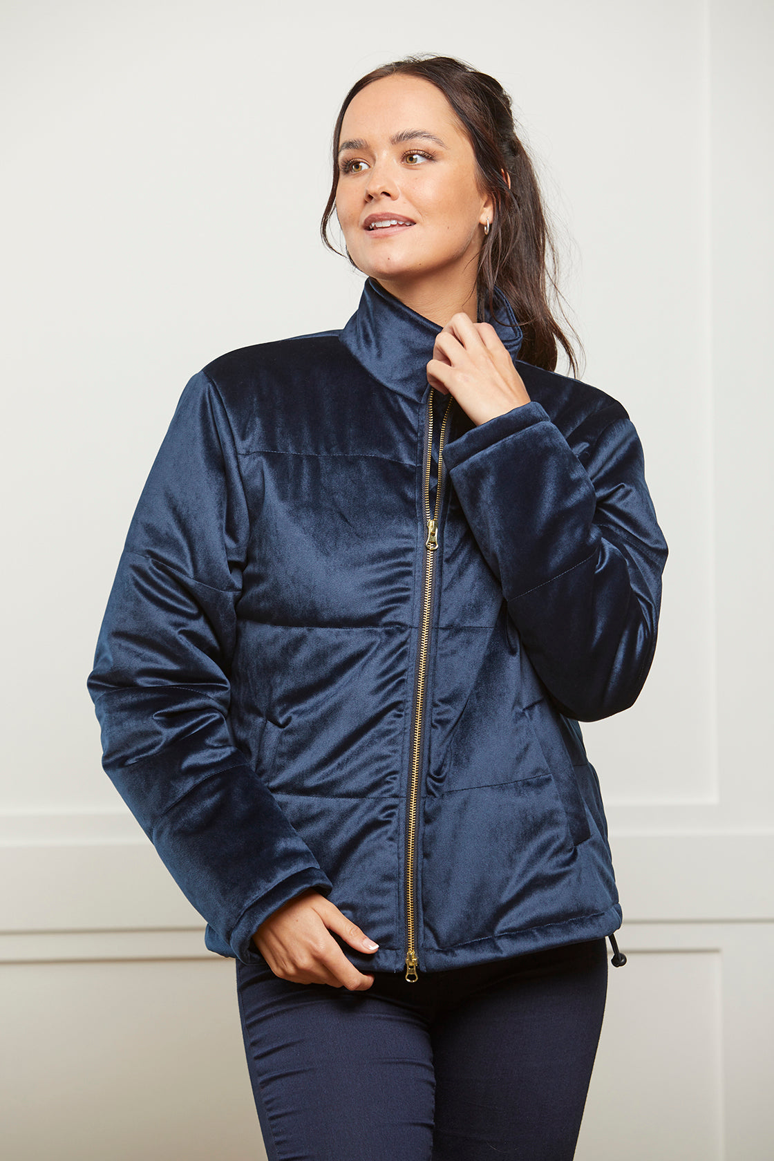 navy velvet puffer coat