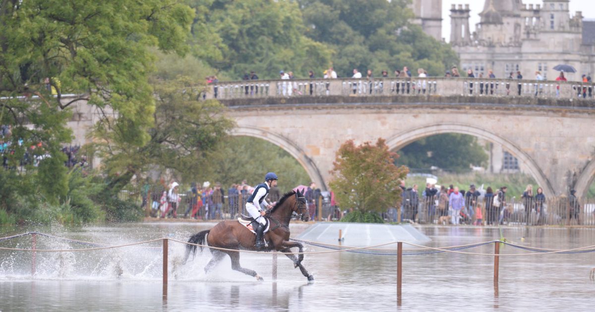 Horse in water in front of bridge and Burghley House