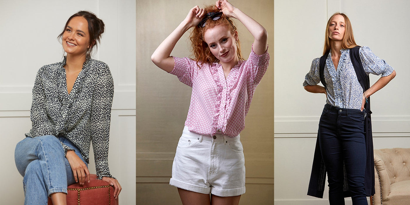 models are wearing Emily navy silk shirt with jeans and Emily pink silk shirt with white shorts.