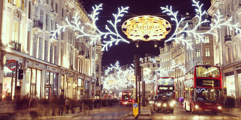 View of the Christmas lights and decorations in London's Regent Street.