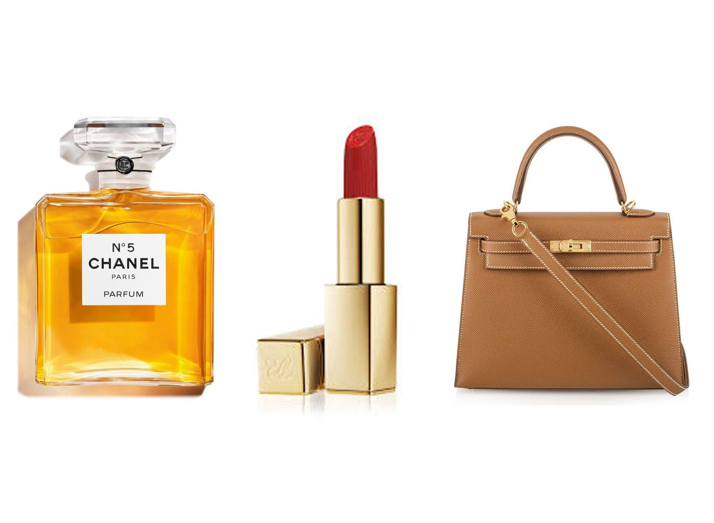 chanel No 5 perfume bottle, red lipstick, hermes handbag