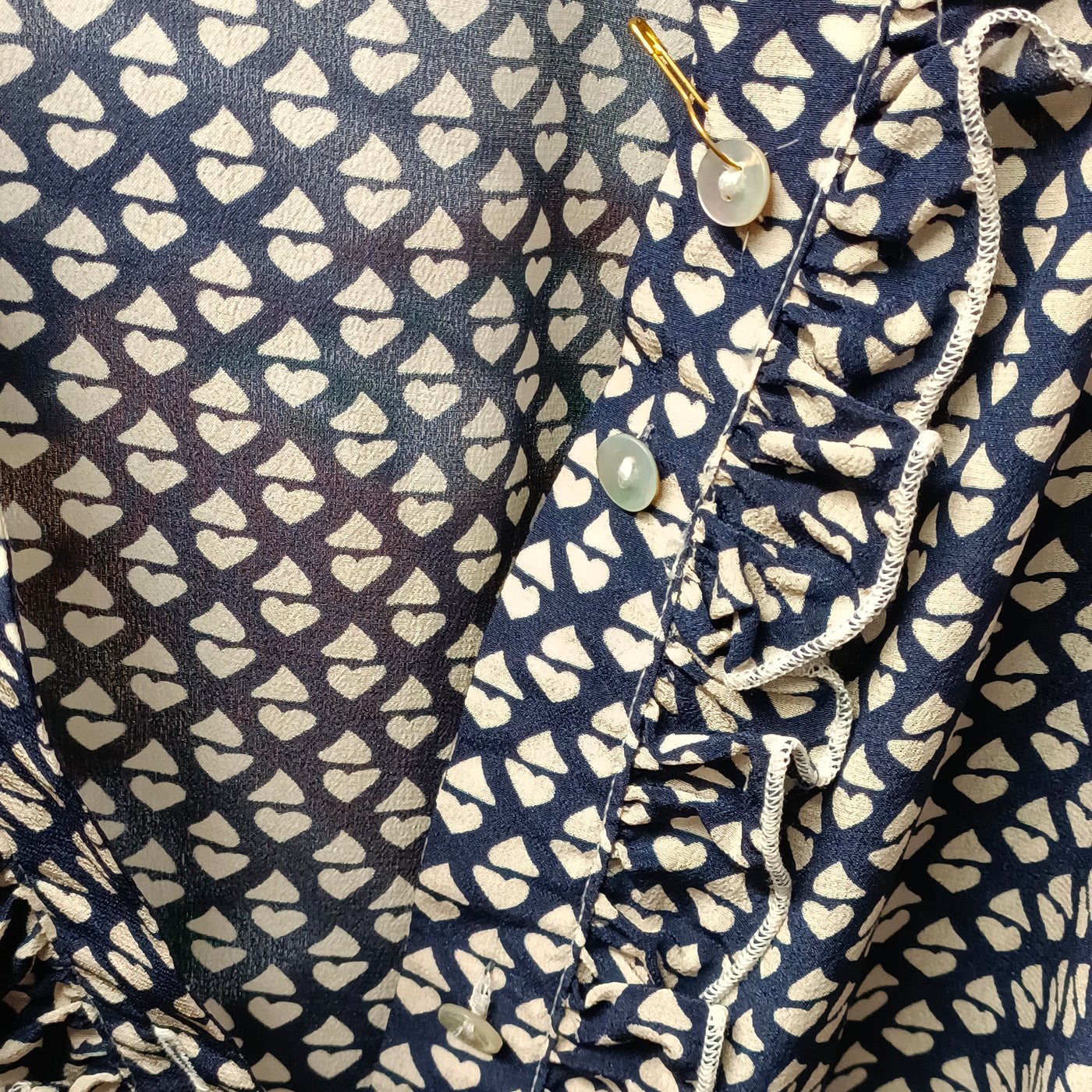 #87  Emily Navy/Heart Print Silk Shirt - FAULT - SMALL UK SIZE 8/10