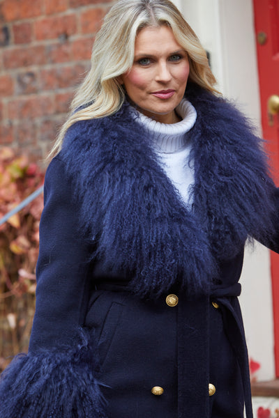 Marianne Cashmere Coat With Mongolian Wool Trims - Navy - 30% OFF