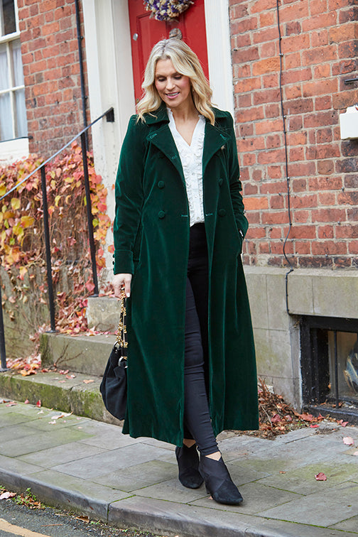 Delphi Long Green Velvet Coat - Boho Glamour