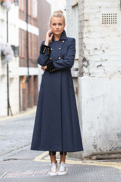 Trench Coat - Long Navy Wool Coat With Velvet Cuff