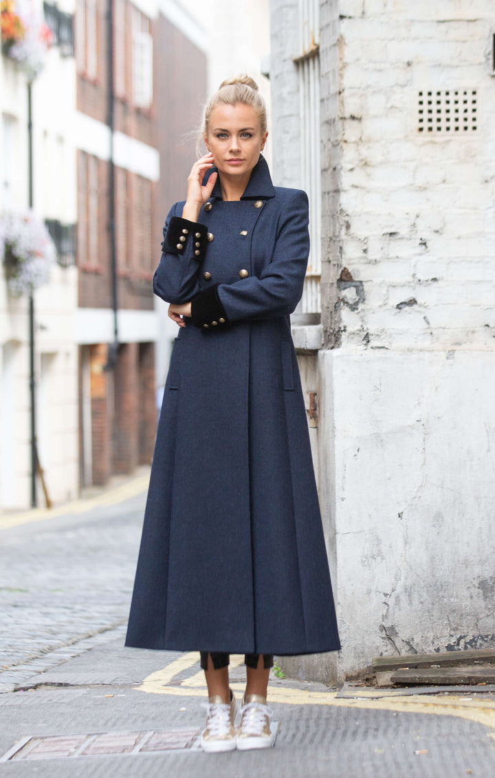Trench Coat Long Navy Wool Coat With Velvet Cuff