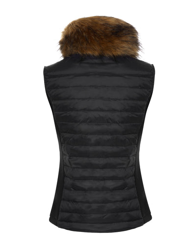 Back shot of a women's puffer gilet in black with detachable faux fur collar and stretch sides for extra fit