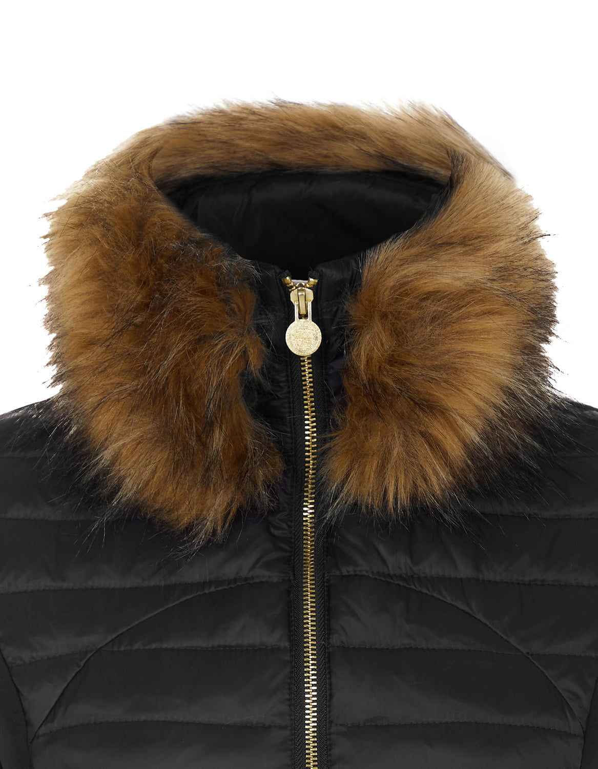 Close up detail shot of womens black puffer gilet showing the detachable faux fur collar and gold branded zip