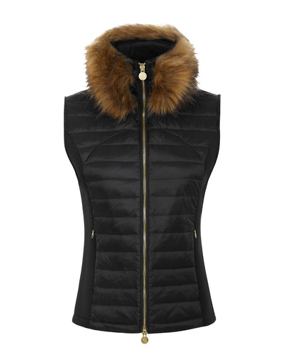 Women's winter padded gilet in black with stretch sides and faux fur detachable collar.