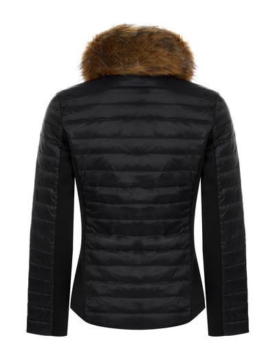 Back view flat shot of a women's black puffer jacket with stretch sides and detachable faux fur collar.
