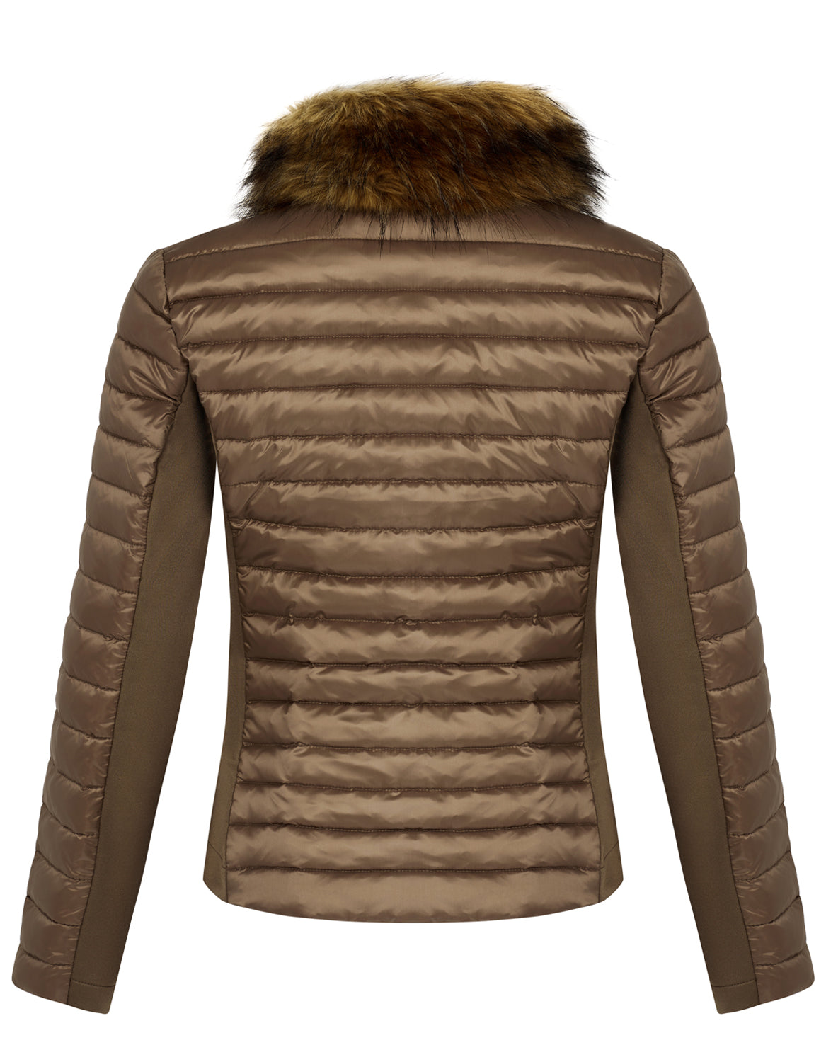 Back view shot of a woman's puffer jacket in bronze, khaki colour. It has stretch sides, a gold zip and a detachable faux fur collar.