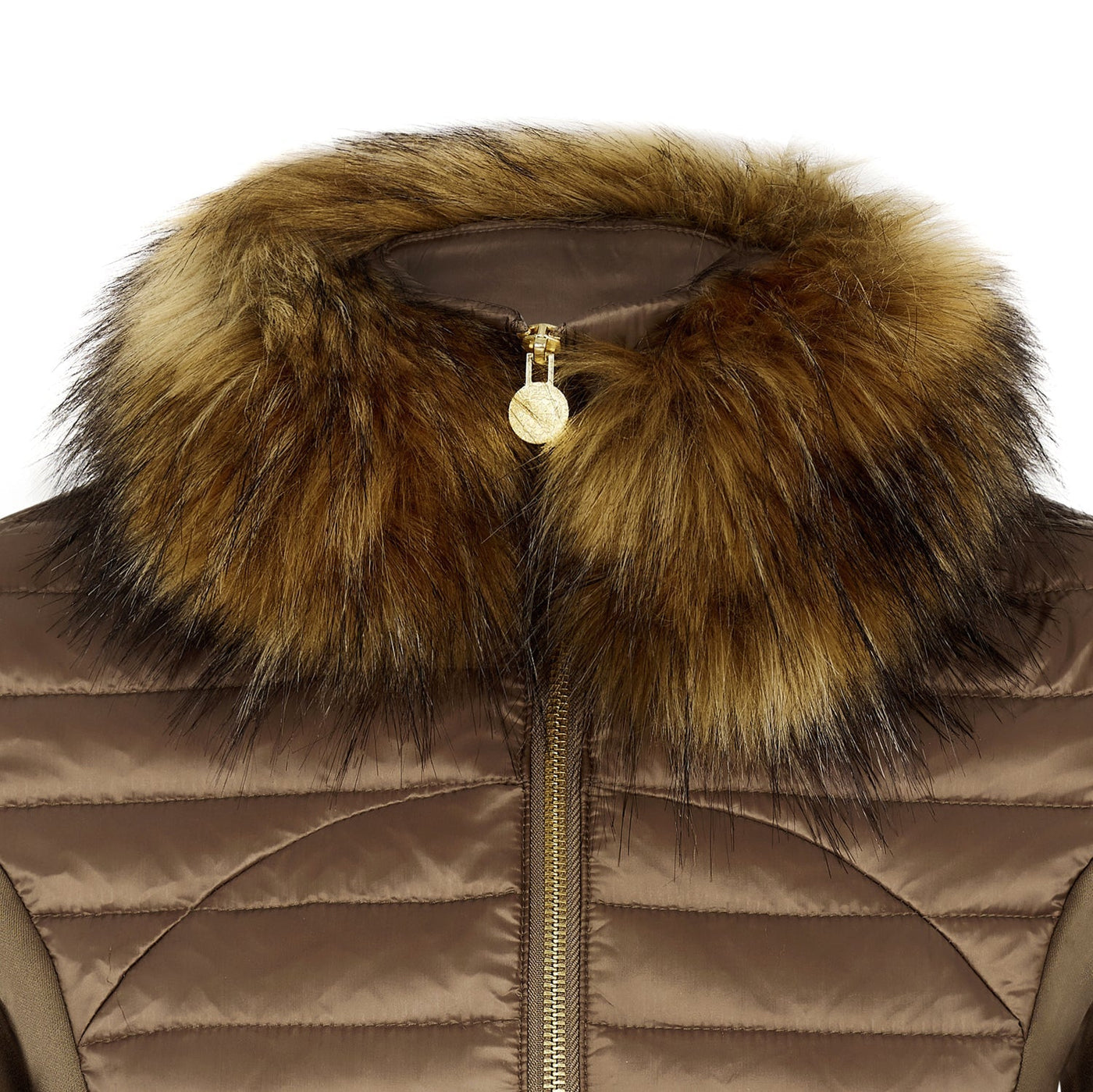 Close up collar detail of a woman's puffer jacket in khaki bronze colour. The faux collar is detachable and the item has branded gold zip.