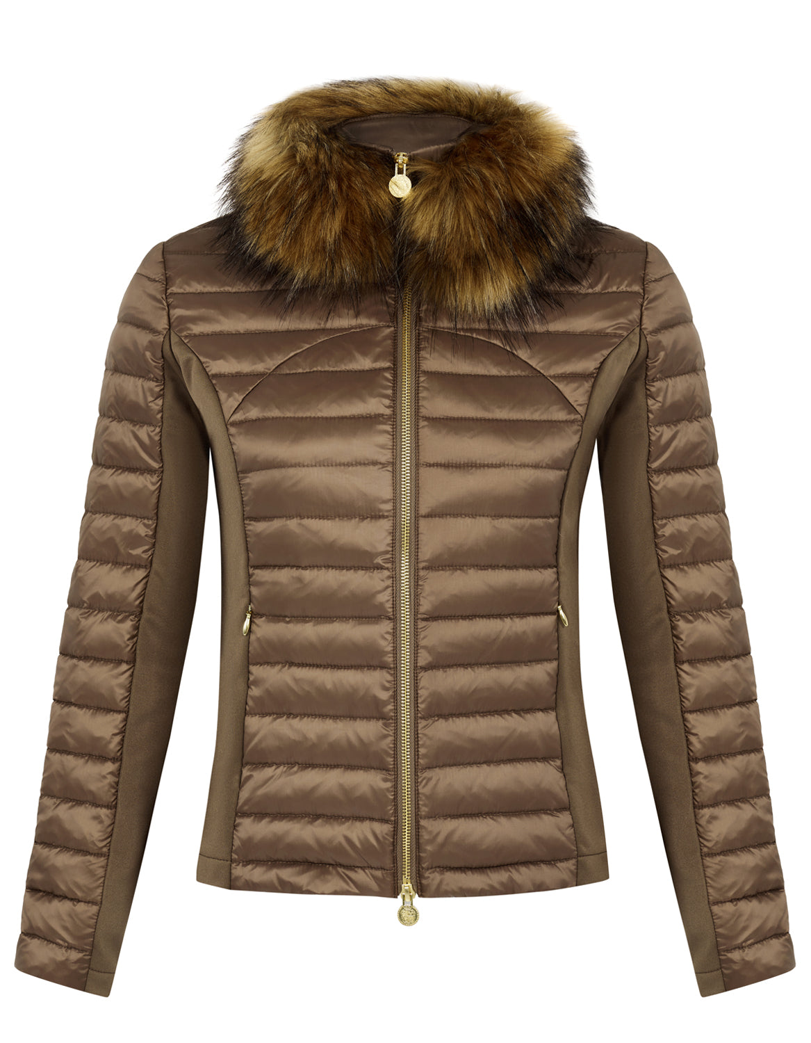 Women's puffer jacket in bronze, khaki colour. The jacket has stretch sides and a detachable faux fur collar.