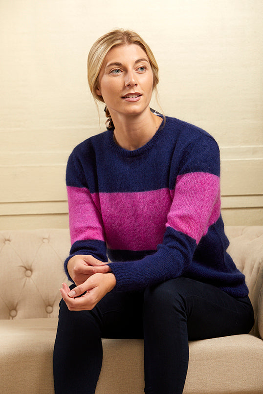 Milly - Navy Jumper With Pink Band - Wool and Mohair Blend - 50% OFF
