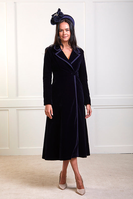 Isla - Velvet Dress Coat - Navy Blue