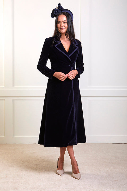 Isla - Velvet Dress Coat - Navy Blue