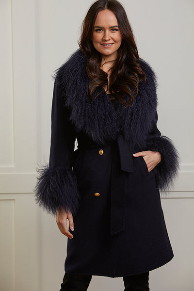 Marianne Cashmere Coat With Mongolian Wool Trims - Navy