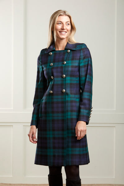 Iona - Navy and Green Black Watch Tartan Wool Coat