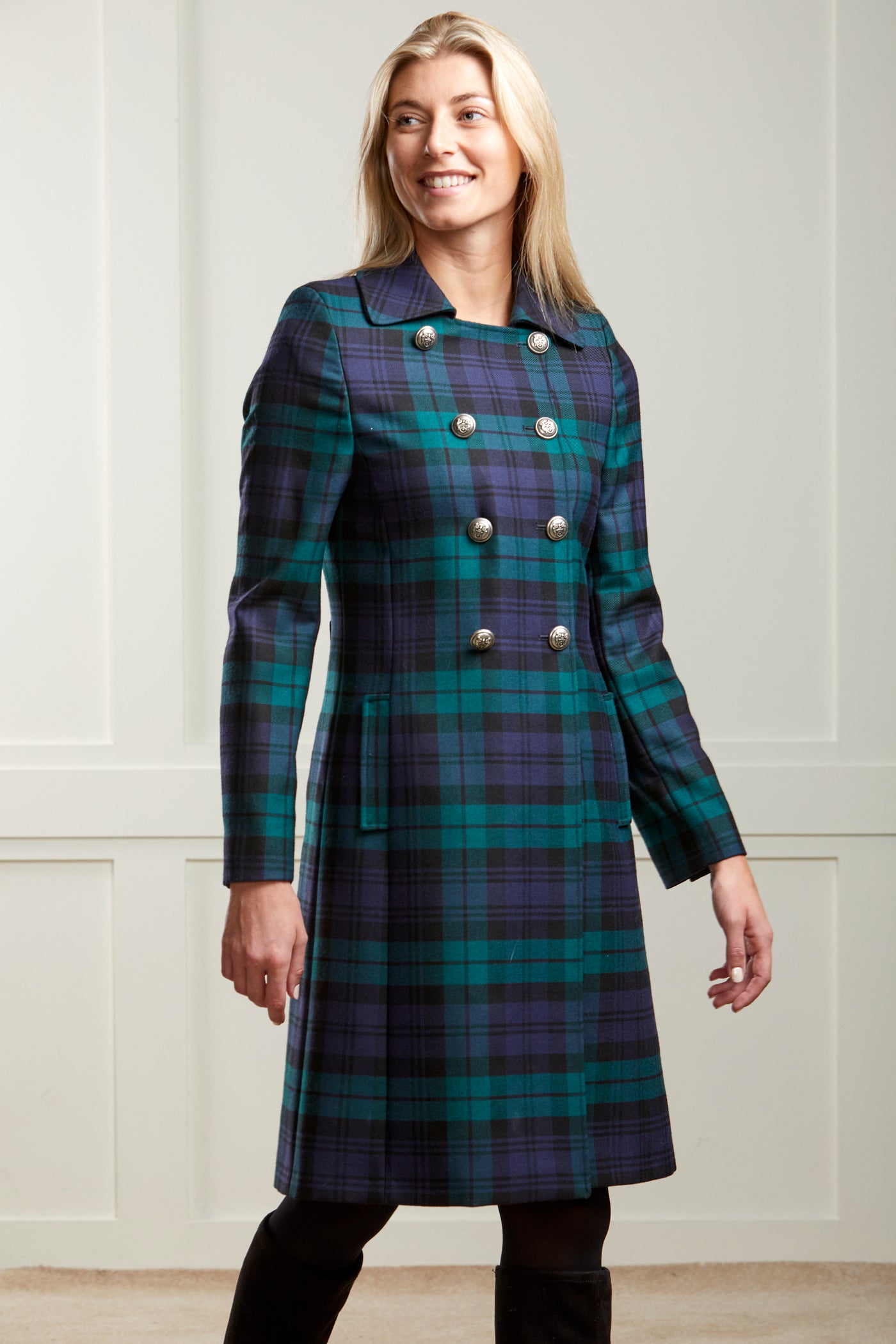 Iona - Navy and Green Black Watch Tartan Wool Coat