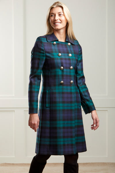 Iona - Navy and Green Black Watch Tartan Wool Coat