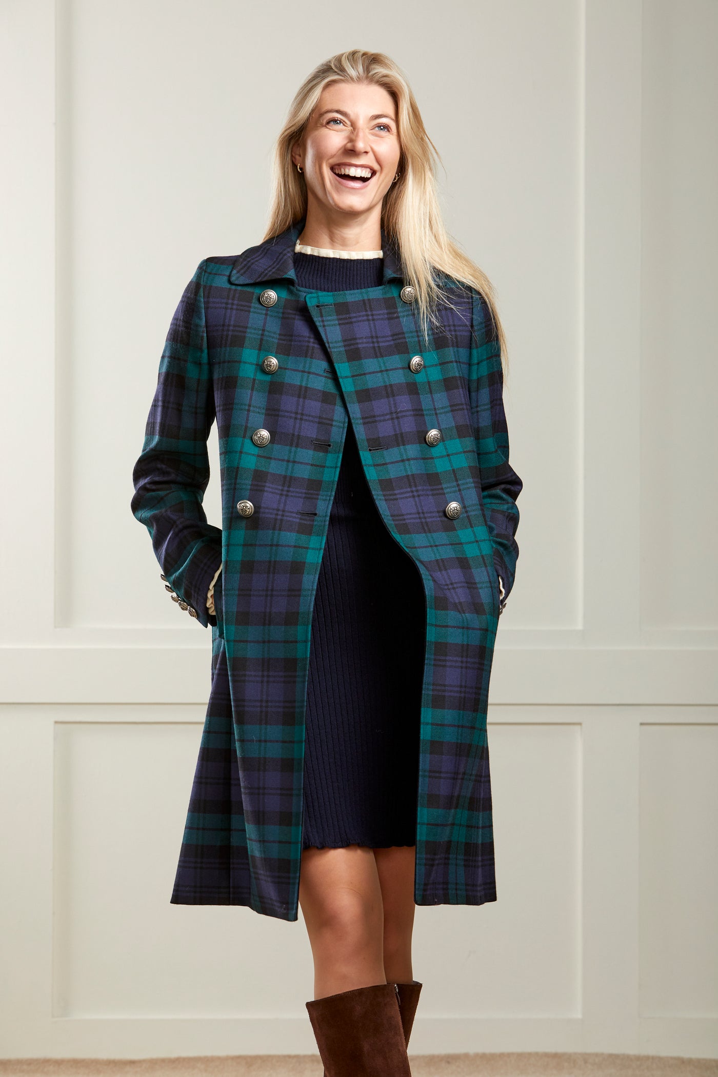 Iona - Navy and Green Black Watch Tartan Wool Coat