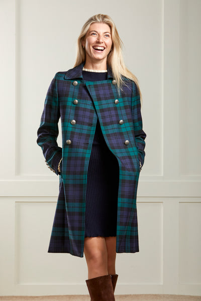 Iona - Navy and Green Black Watch Tartan Wool Coat