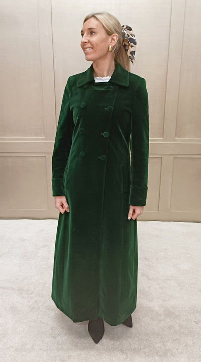 Delphi Long Green Velvet Coat - Boho Glamour