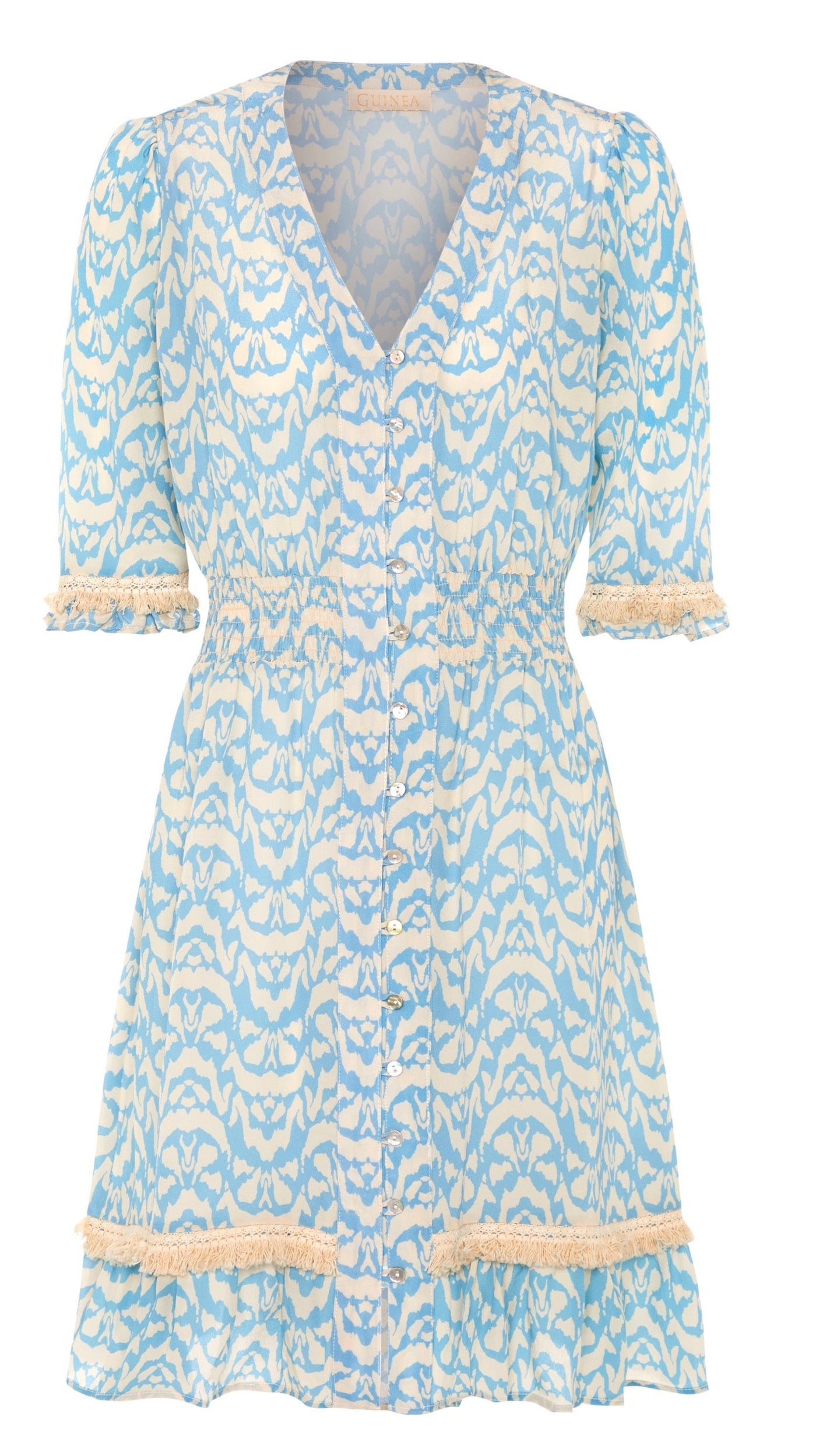 Knee length summer dress in pure silk. Pale blue and cream abstract print.