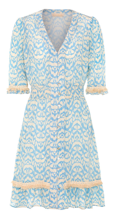 Knee length summer dress in pure silk. Pale blue and cream abstract print.