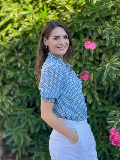 Emily Blue Summer Shirt - Pale Blue Print in Pure Silk - 50% OFF