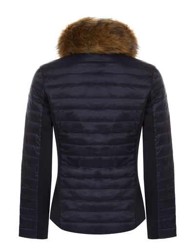 Navy down puffer jacket with gold zip and stretch side panels and detachable faux fur collar.