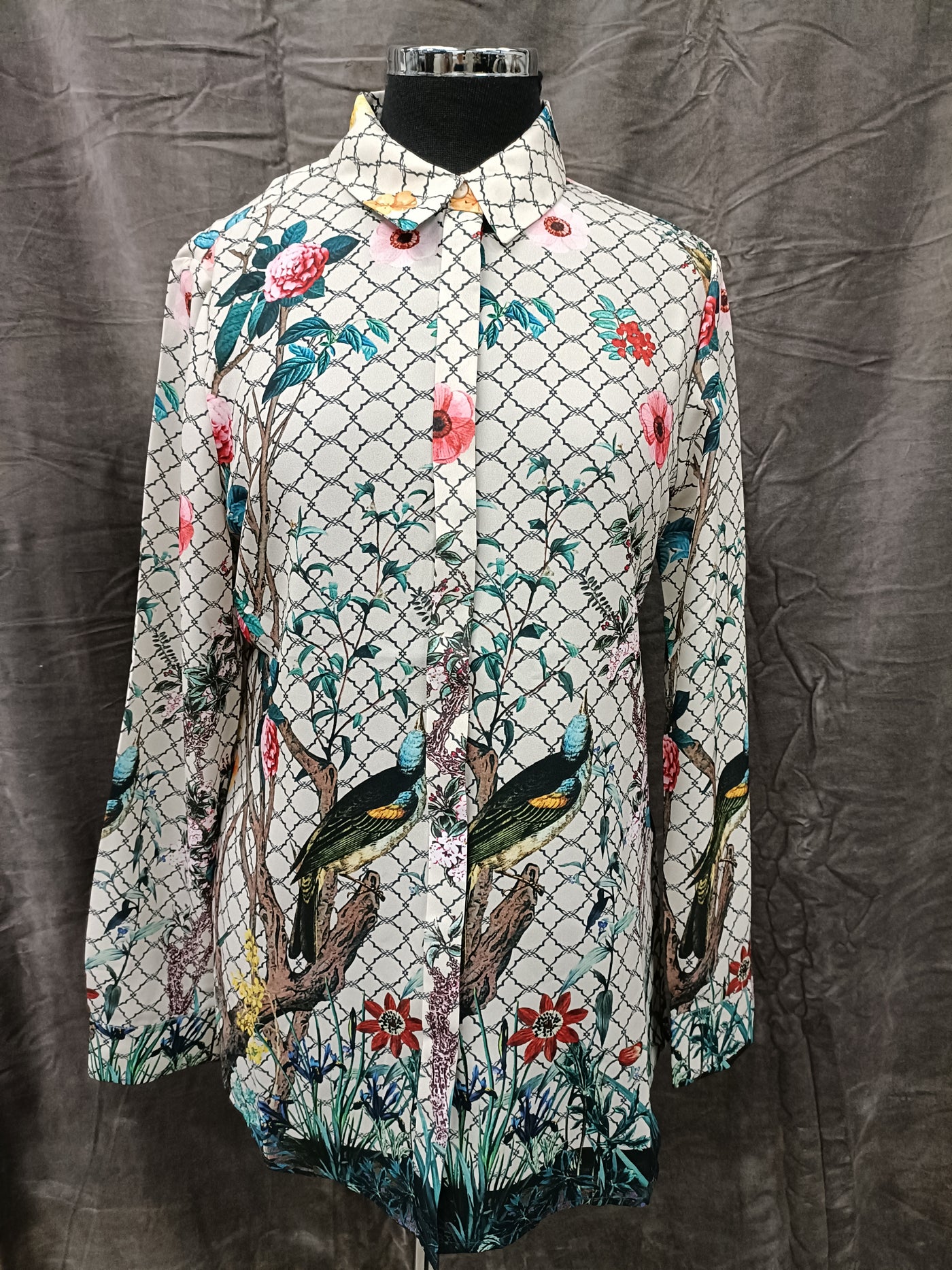 #412 Silk Bird Print Shirt - Sample - UK Size Medium