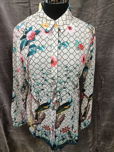 #412 Silk Bird Print Shirt - Sample - UK Size Medium