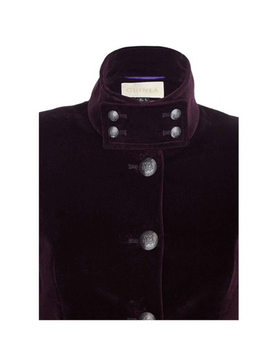 Purple velvet collar on Motcomb Plum Velvet Coat, with collar button detailing 