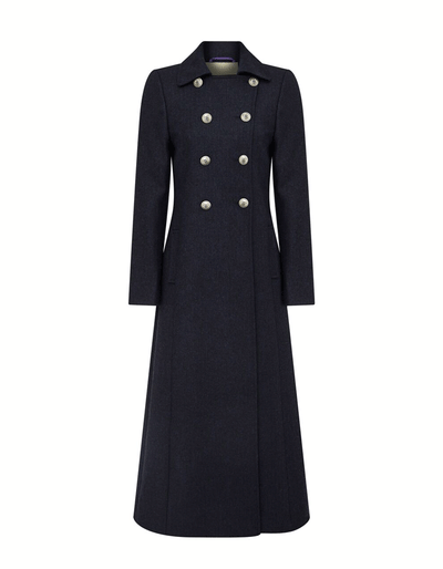 Women's long navy wool coat with double breasted, longline fit