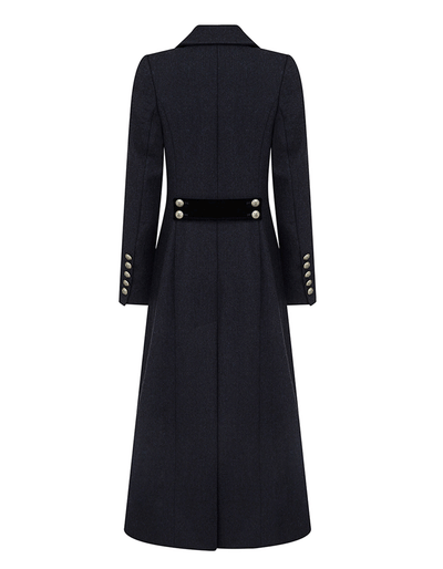 Ladies long navy blue wool coat with velvet detail in 100% wool tweed