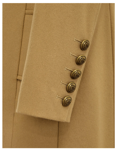 Sleeve detail on ladies long camel wool coat, with wool woven in the UK
