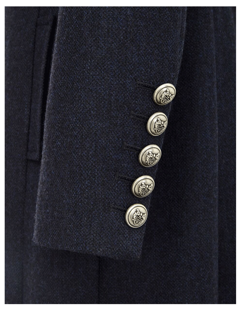 Button detail on ladies long navy blue wool coat, in navy herringbone tweed