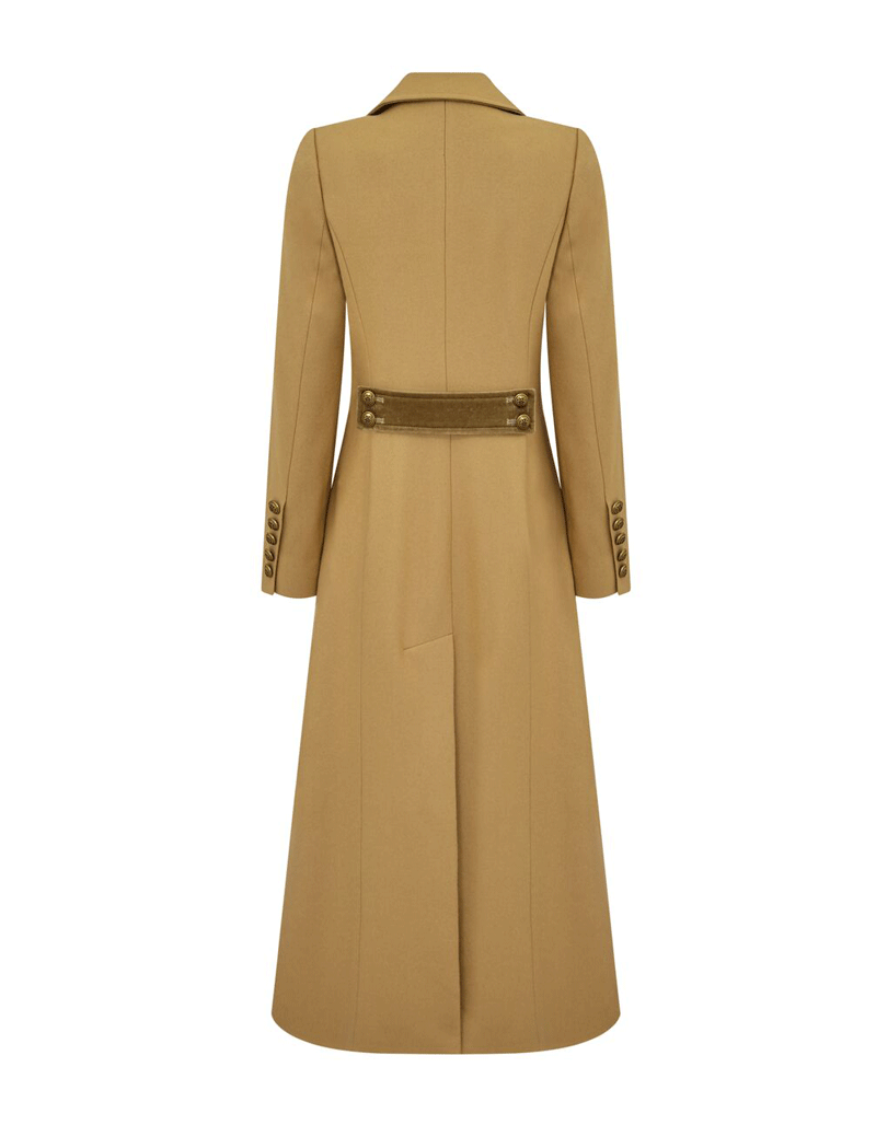 wool camel trench coat with velvet detail, in British 100% wool
