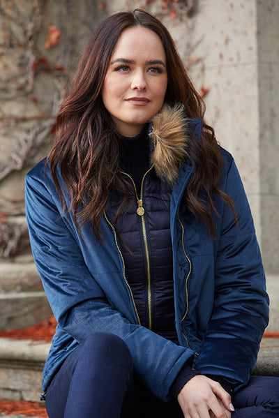 Women's winter padded down jacket in navy blue velvet