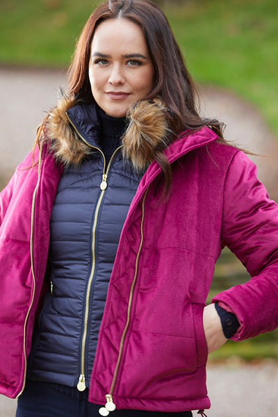 Women's winter padded down jacket in pink velvet