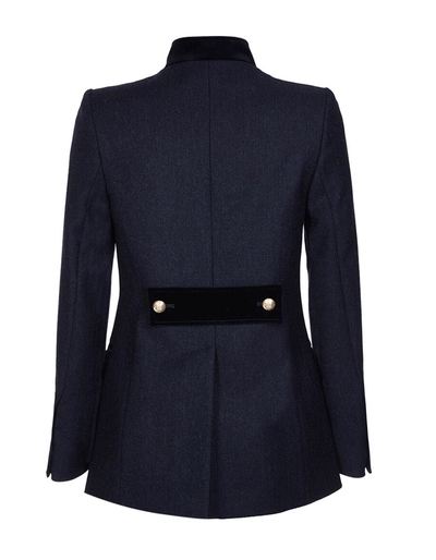 Ladies fitted navy wool coat with velvet trim with Nehru collar