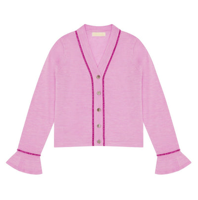 Pink merino wool women's cardigan with flared cuffs and contrast velvet trims