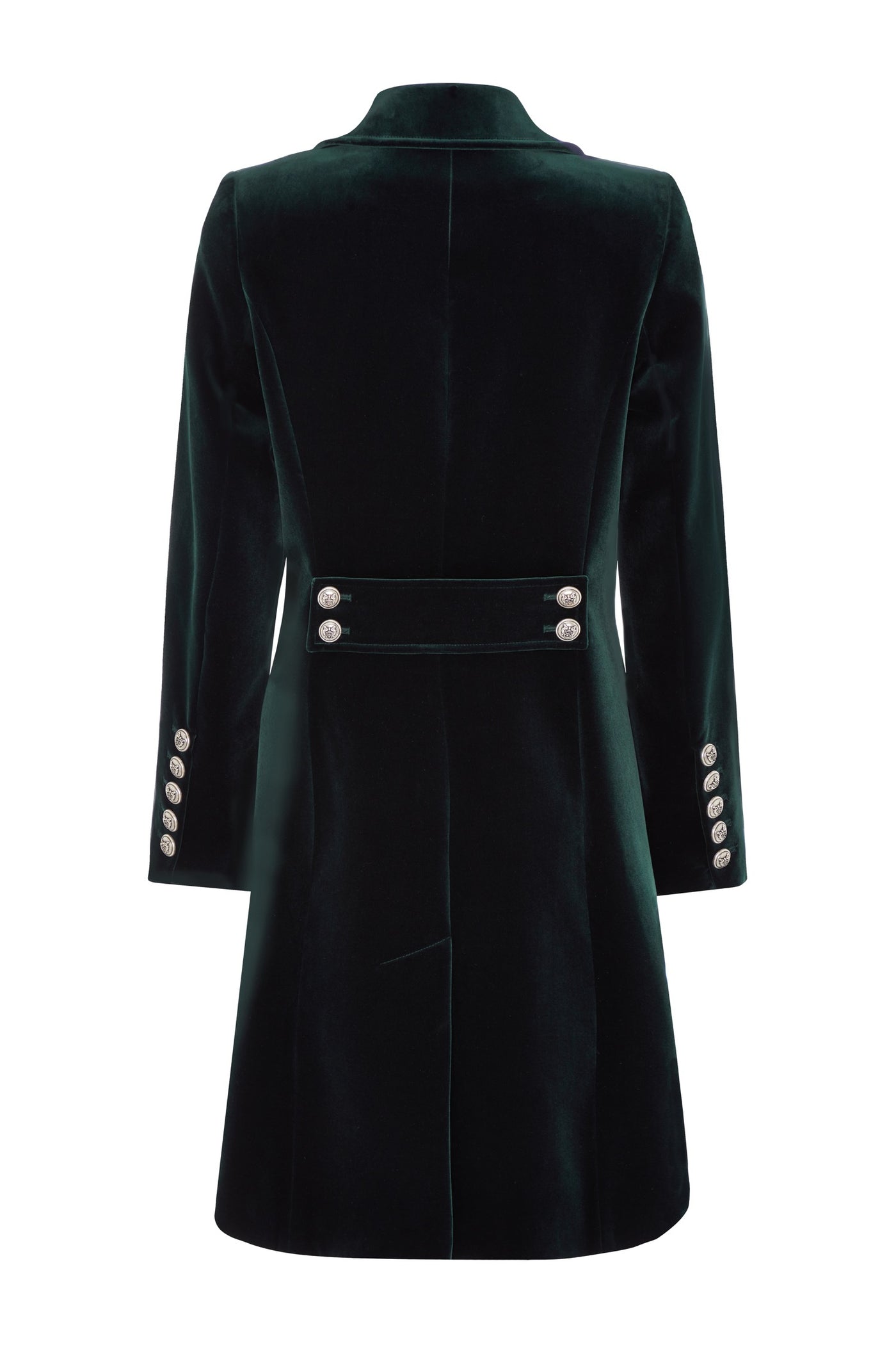 Back flat shot of a women's mid length coat in dark green velvet. The coat has a classic military style with double breasted silver buttons