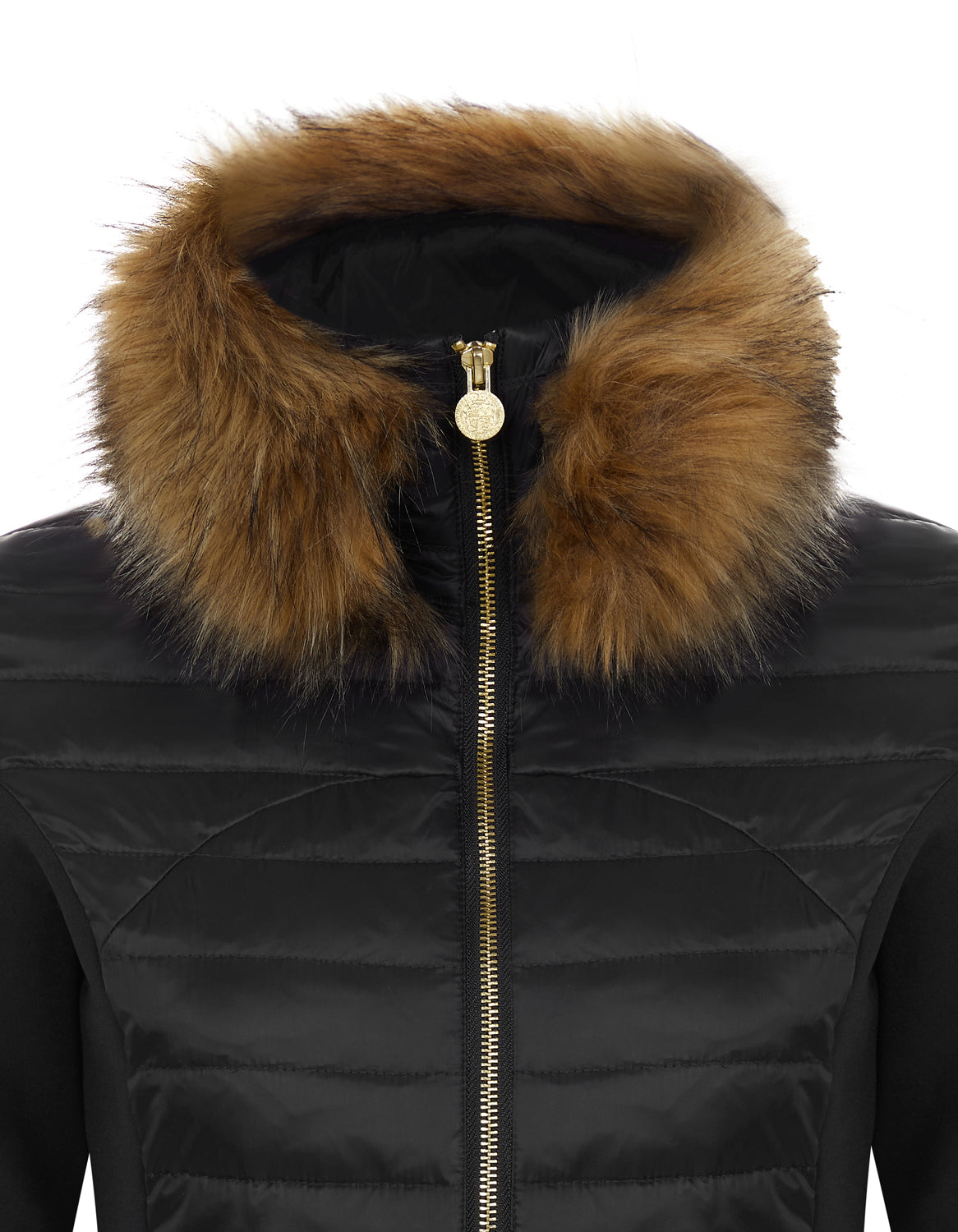 Close up neck detail of women's black puffer jacket showing the detachable faux fur collar and gold branded zip