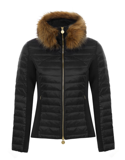 Flat shot of a women's puffer down jacket with detachable faux fur collar and stretch sides. The down jacket has a branded gold zip.