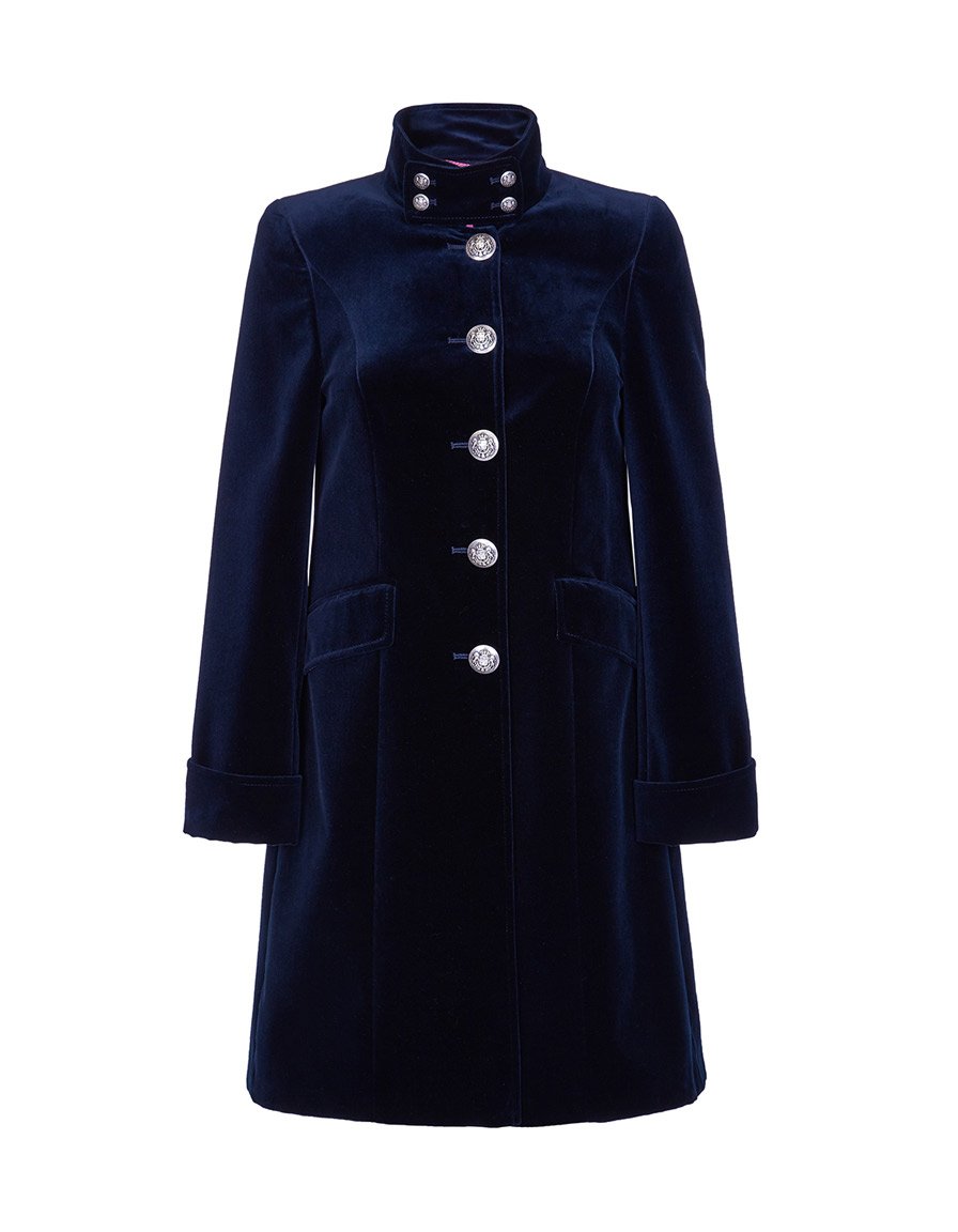Womens navy velvet boho coat with high collar and elegant tailoring