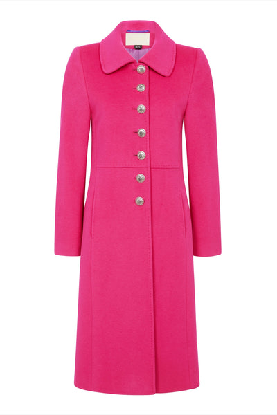 Women's winter coat in vibrant pink cashmere and wool blend. The coat is single breasted and has  7 military style buttons to the front.