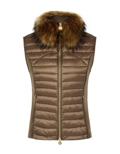 women's puffer gilet in a khaki, bronze colour. The gilet has a detachable faux fur collar and stretch sides. The puffer gilet has a branded gold zip.