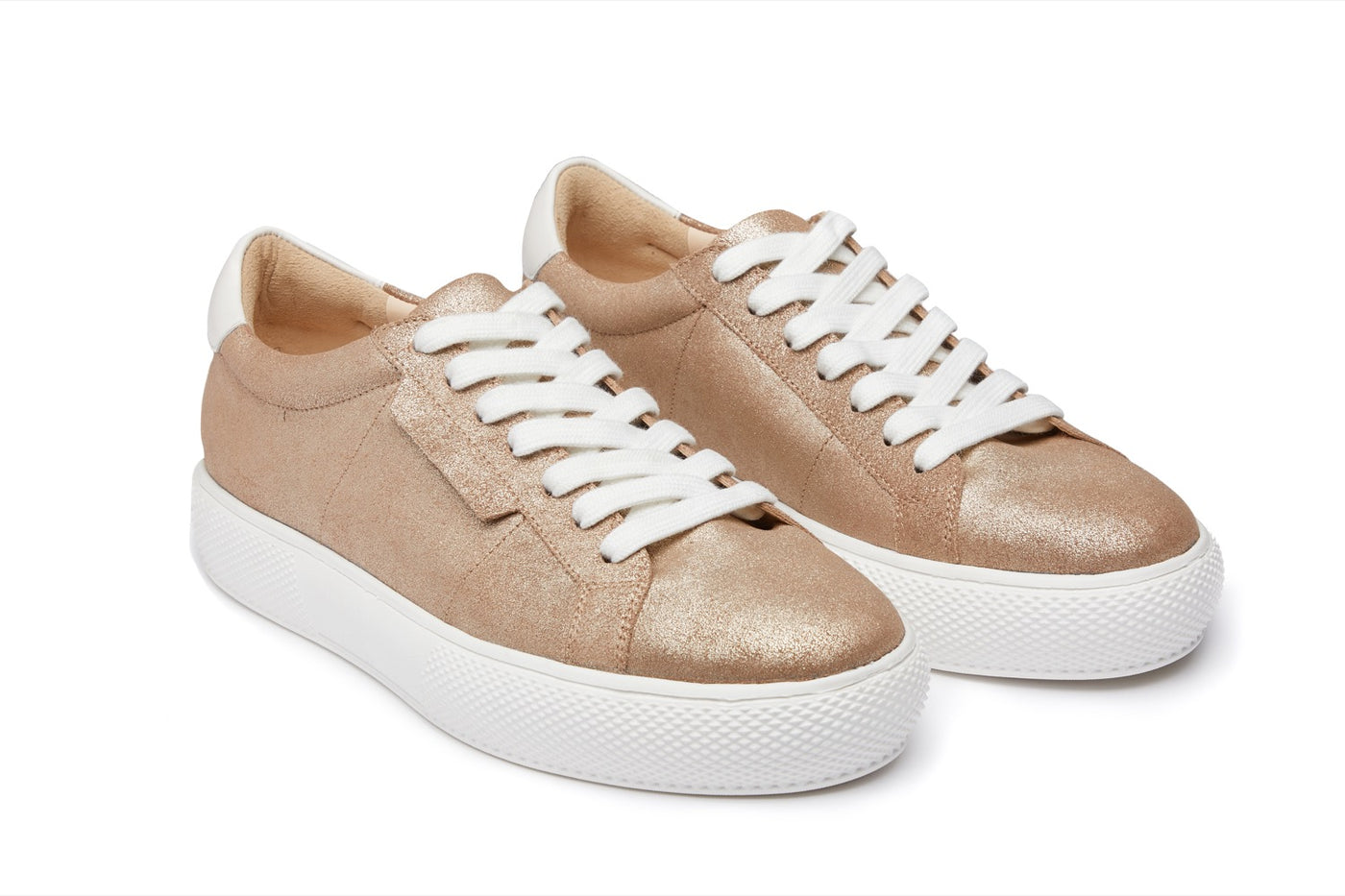 Pair of  women's low top leather trainer in bronze gold with white laces and trims